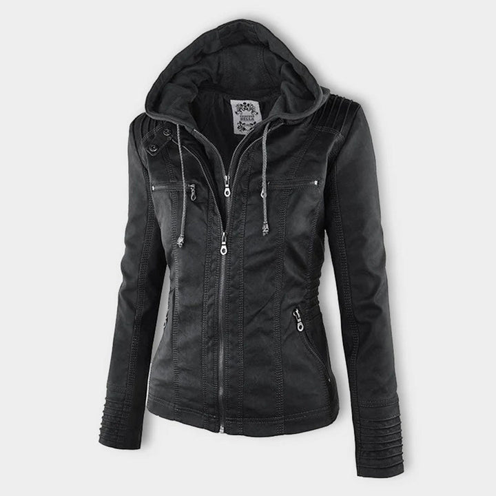 Women's Faux Leather Moto Jacket Band Collar Zip-Up Fitted Ribbed