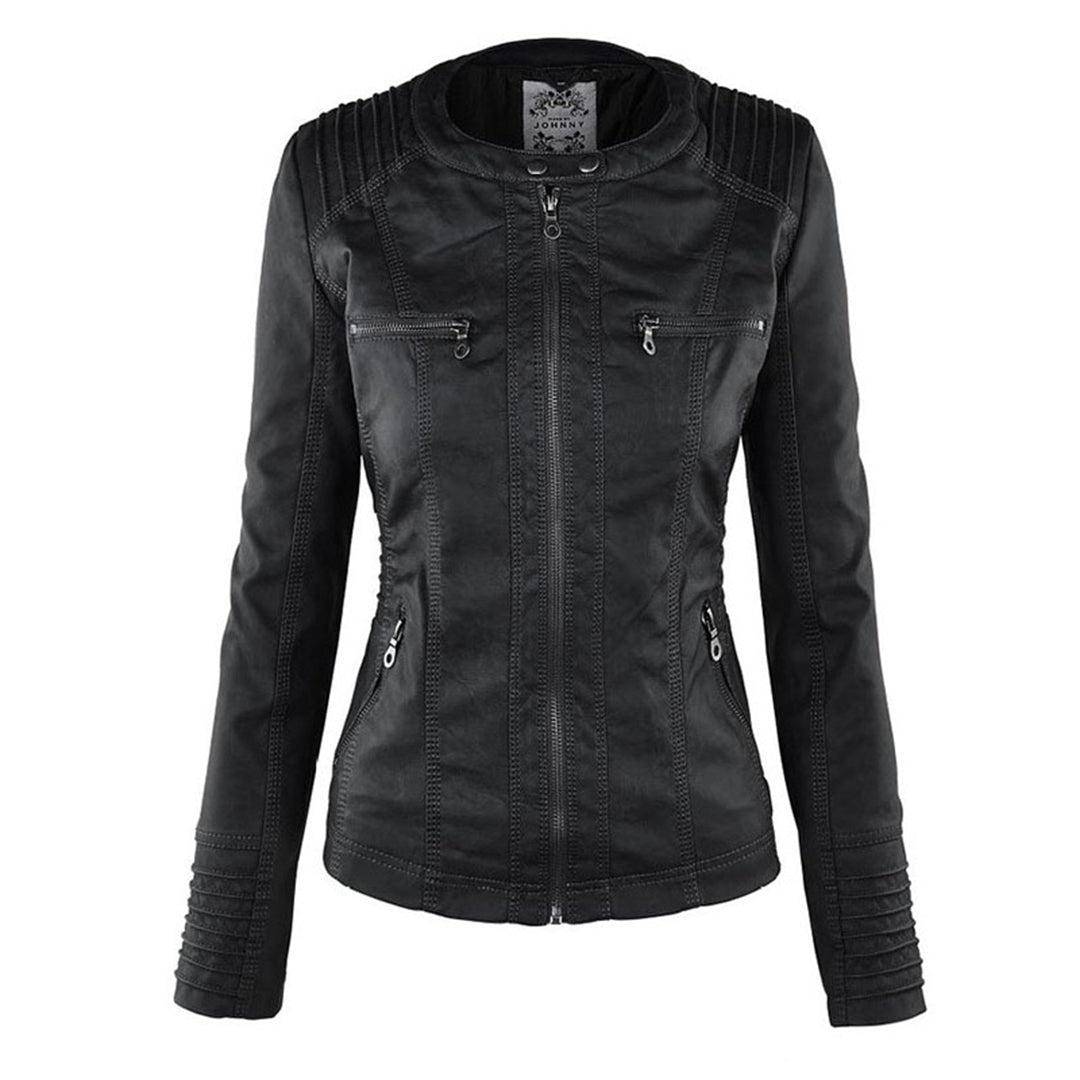 Women's Faux Leather Moto Jacket Band Collar Zip-Up Fitted Ribbed