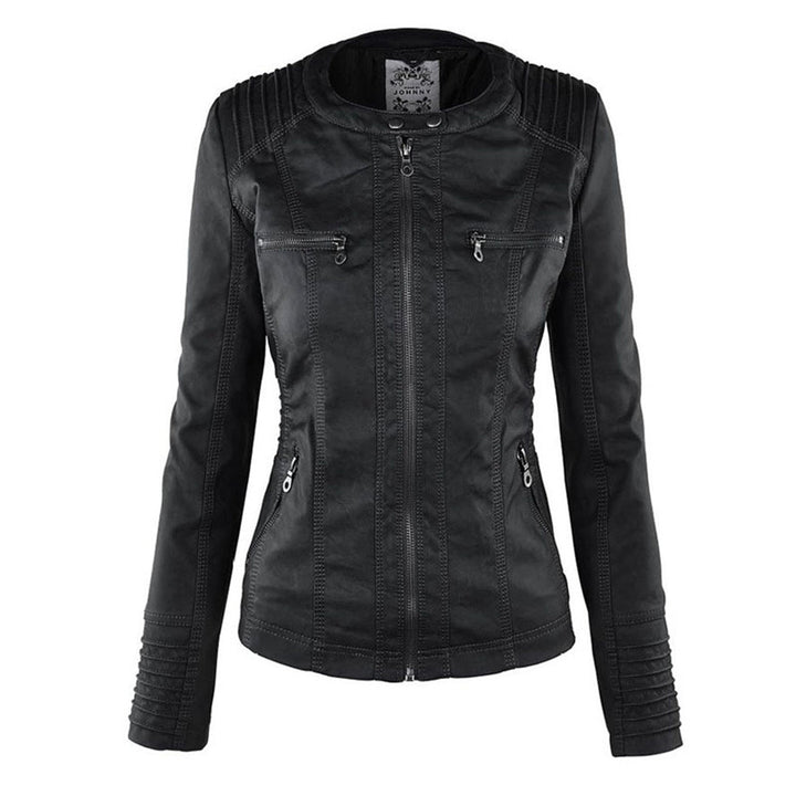 Women's Faux Leather Moto Jacket Band Collar Zip-Up Fitted Ribbed