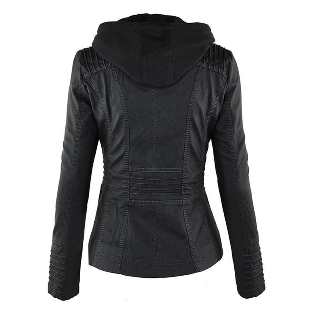 Women's Faux Leather Moto Jacket Band Collar Zip-Up Fitted Ribbed