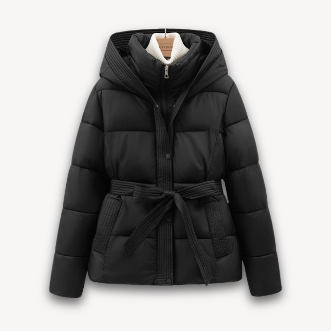 Women's Belted Hooded Puffer Jacket Full-Zip Quilted Fitted-Waist Warm
