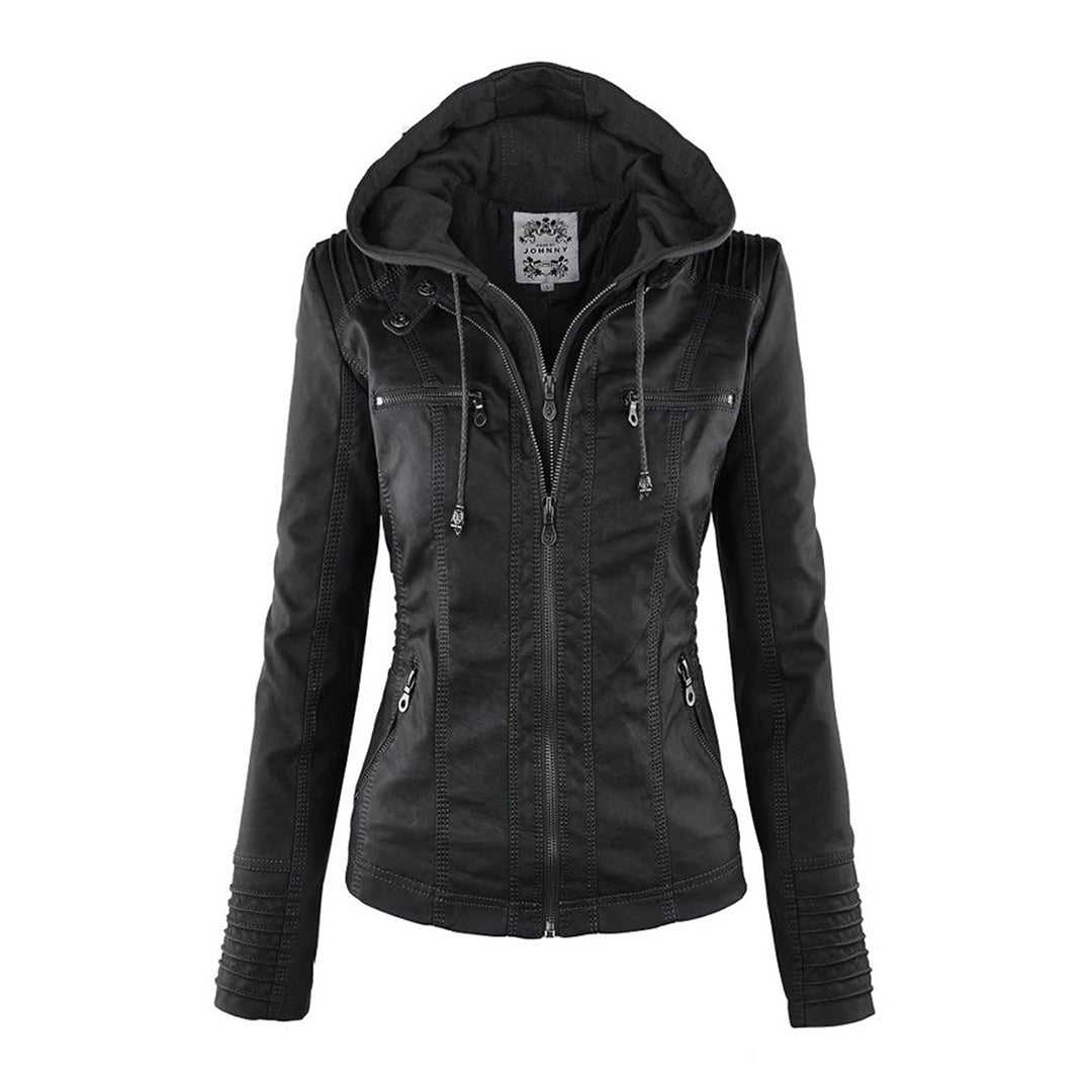 Women's Faux Leather Moto Jacket Band Collar Zip-Up Fitted Ribbed