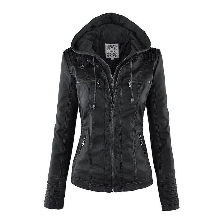 Women's Faux Leather Moto Jacket Band Collar Zip-Up Fitted Ribbed