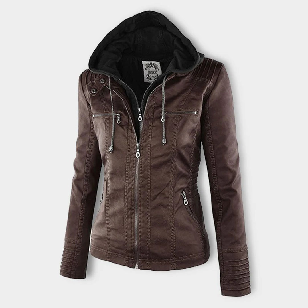 Women's Faux Leather Moto Jacket Band Collar Zip-Up Fitted Ribbed