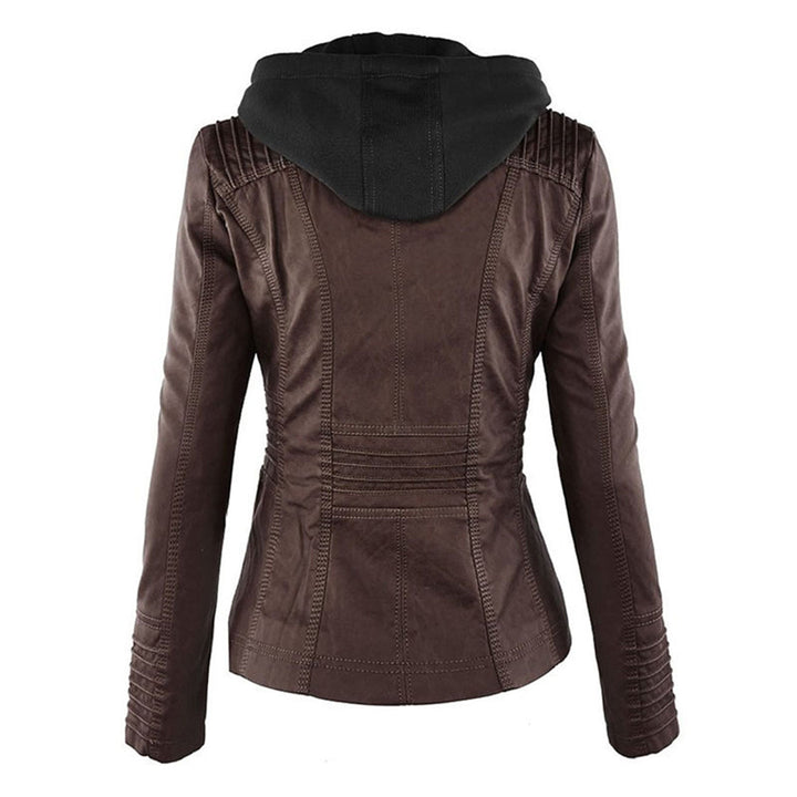 Women's Faux Leather Moto Jacket Band Collar Zip-Up Fitted Ribbed