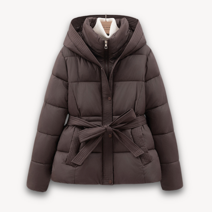 Women's Belted Hooded Puffer Jacket Full-Zip Quilted Fitted-Waist Warm