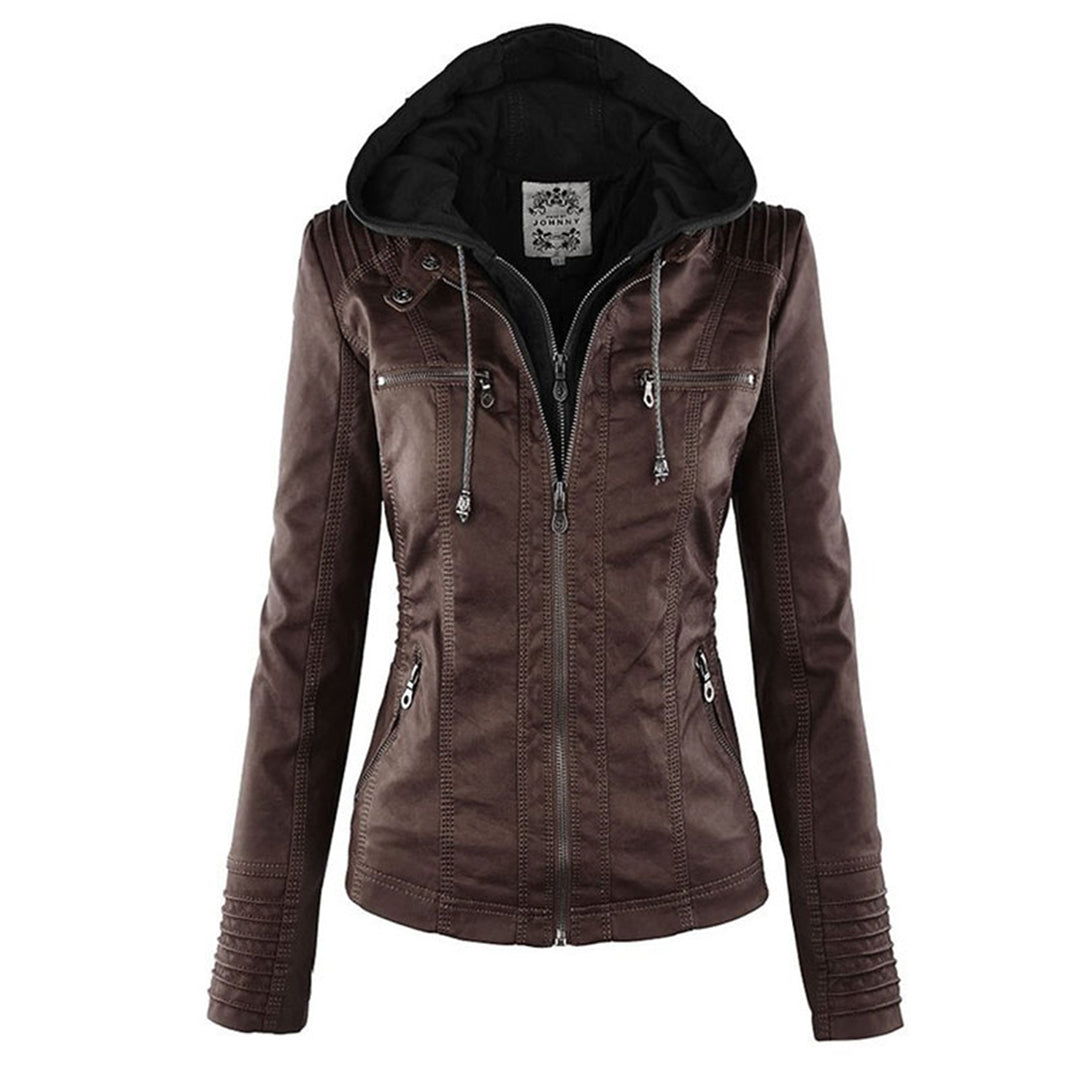 Women's Faux Leather Moto Jacket Band Collar Zip-Up Fitted Ribbed