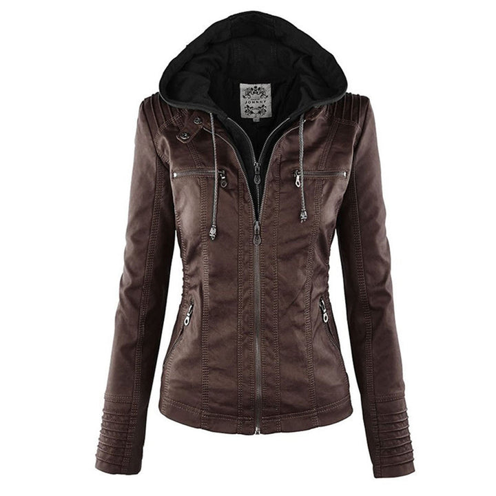 Women's Faux Leather Moto Jacket Band Collar Zip-Up Fitted Ribbed