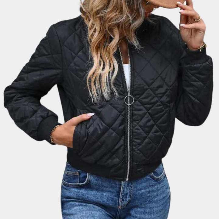 Women's Black Diamond Quilted Zip-Up Bomber Jacket Ribbed Trim Padded