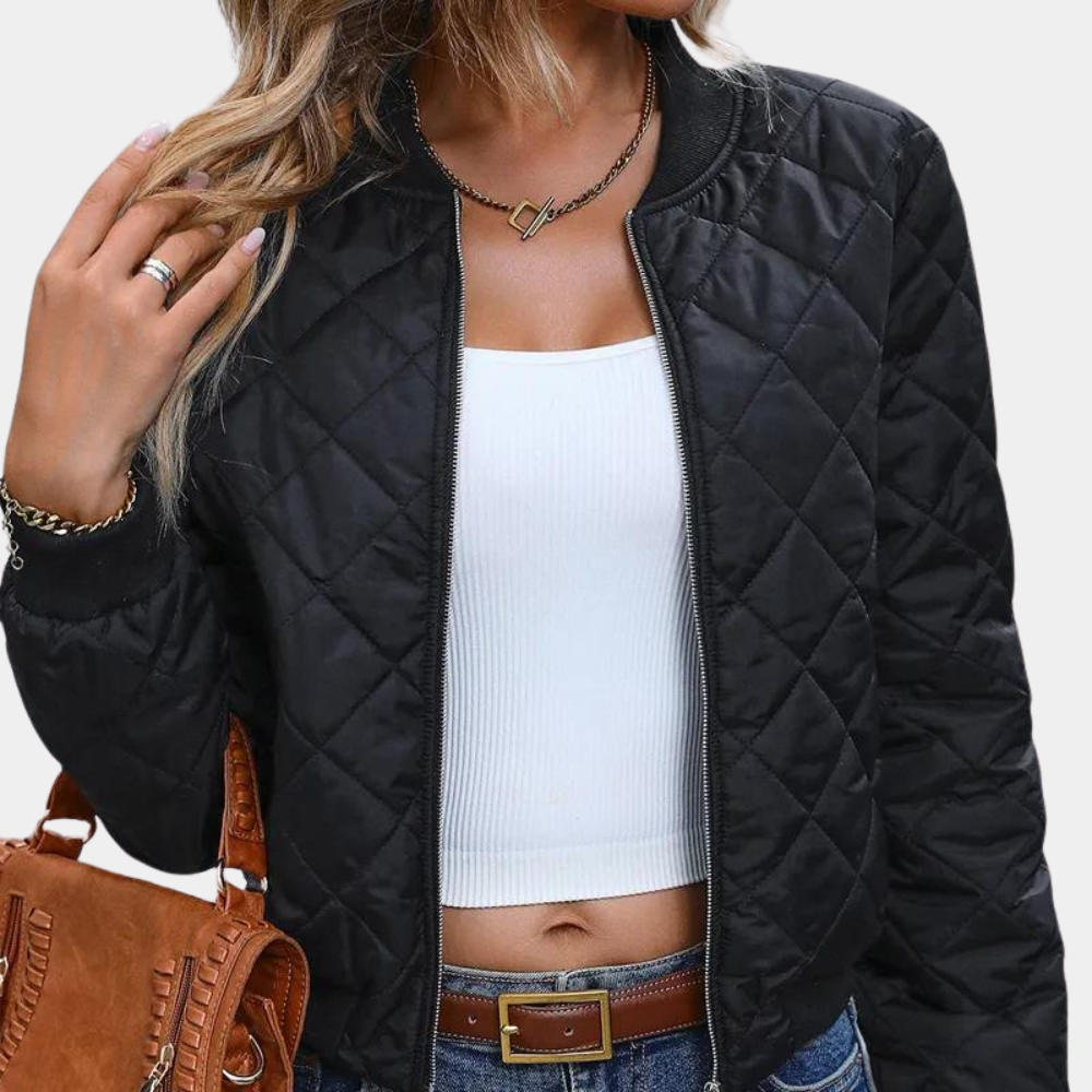 Women's Black Diamond Quilted Zip-Up Bomber Jacket Ribbed Trim Padded
