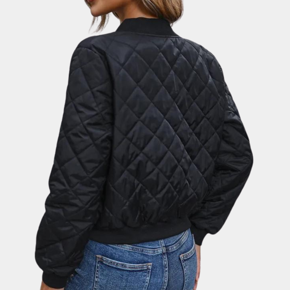 Women's Black Diamond Quilted Zip-Up Bomber Jacket Ribbed Trim Padded