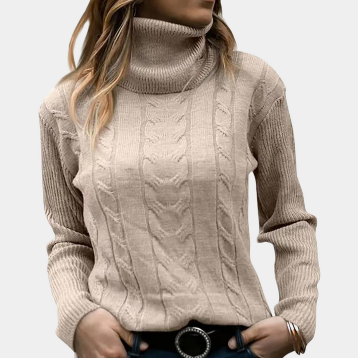 Women's Cable Knit Turtleneck Sweater Ribbed Fitted Long-Sleeve Textured Pullover