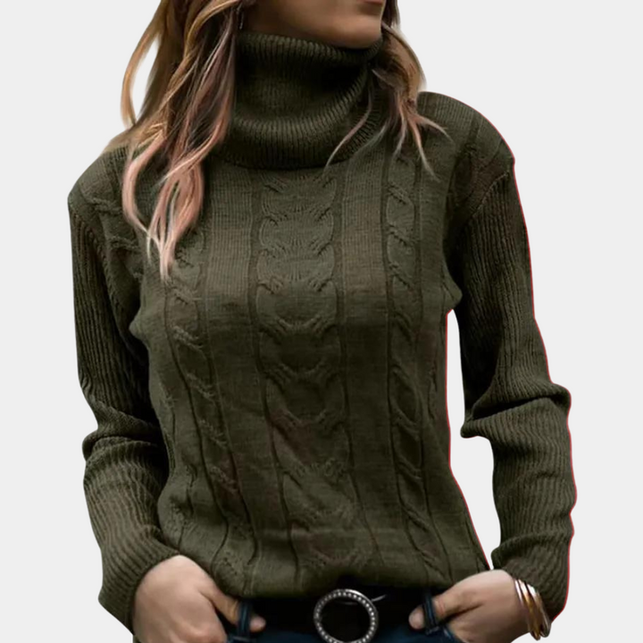 Women's Cable Knit Turtleneck Sweater Ribbed Fitted Long-Sleeve Textured Pullover