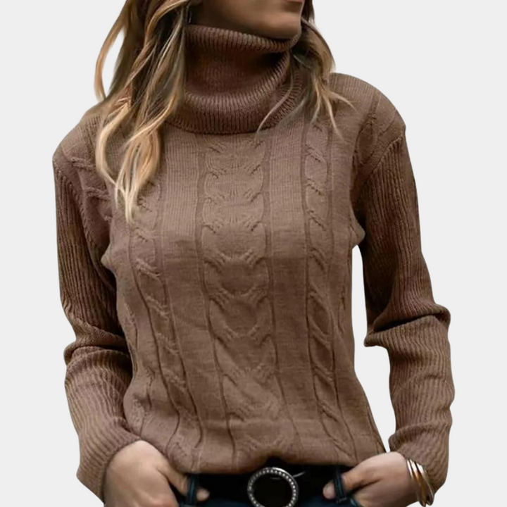 Women's Cable Knit Turtleneck Sweater Ribbed Fitted Long-Sleeve Textured Pullover