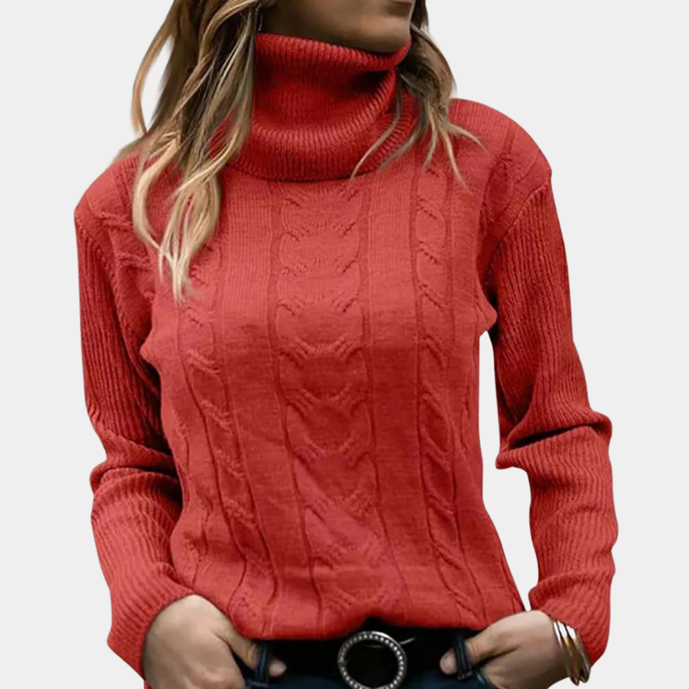 Women's Cable Knit Turtleneck Sweater Ribbed Fitted Long-Sleeve Textured Pullover