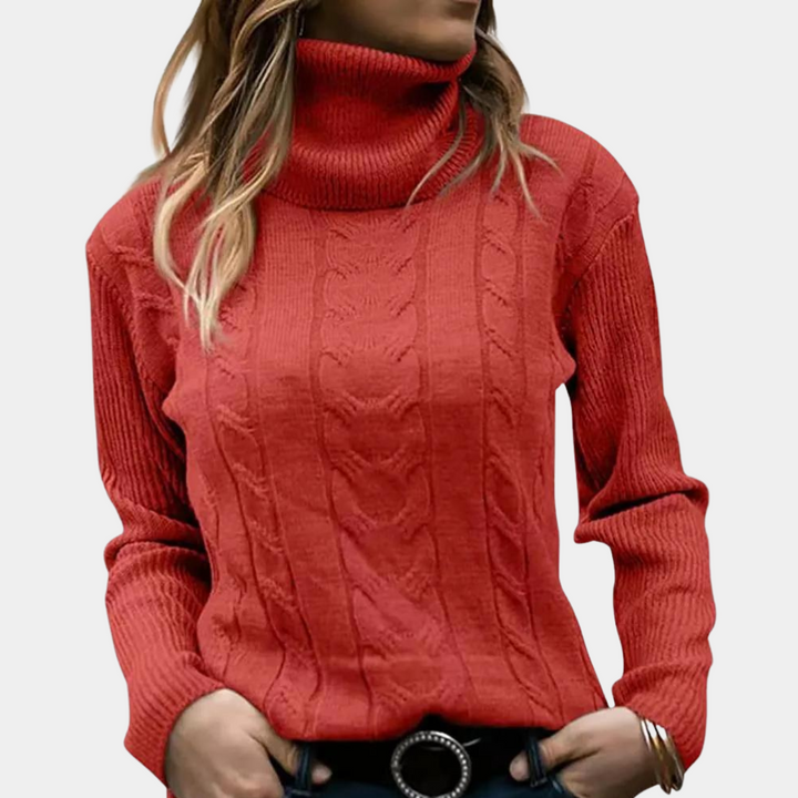 Women's Cable Knit Turtleneck Sweater Ribbed Fitted Long-Sleeve Textured Pullover
