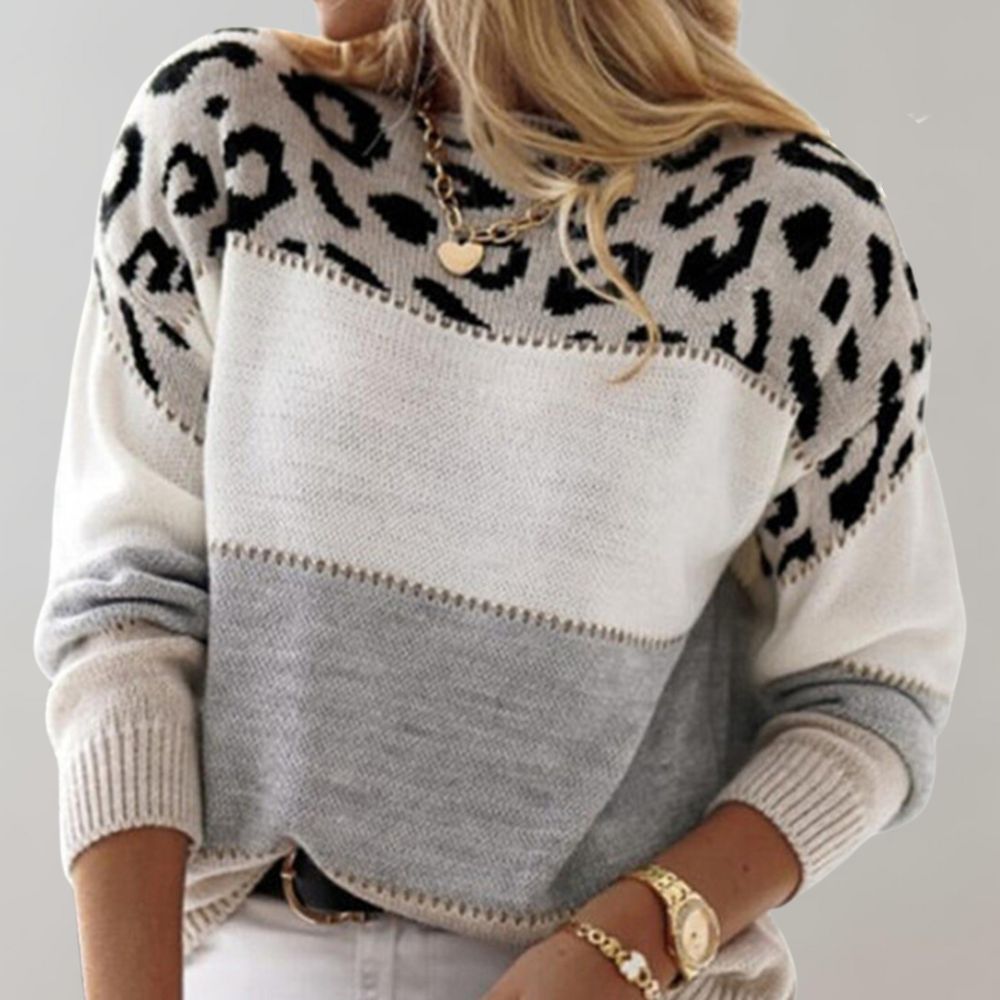 Women's Leopard Colorblock Knit Sweater Crewneck Relaxed Pullover Top