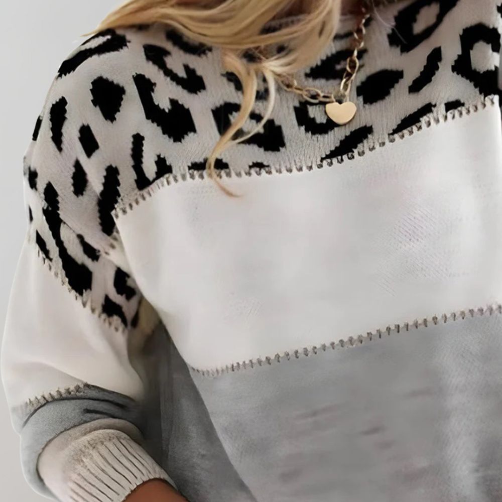 Women's Leopard Colorblock Knit Sweater Crewneck Relaxed Pullover Top