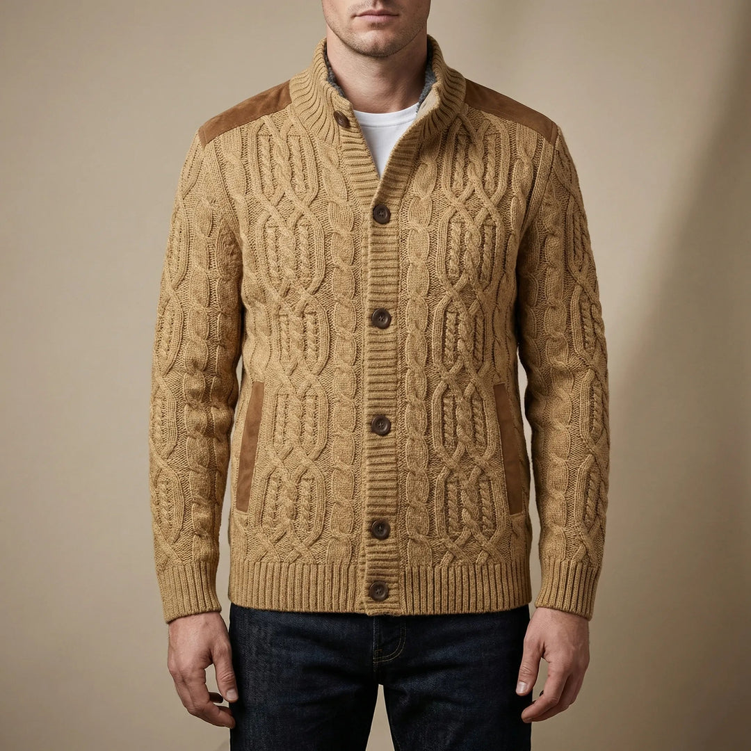 Men's Cable Knit Cardigan Button-Front Stand Collar Suede Winter
