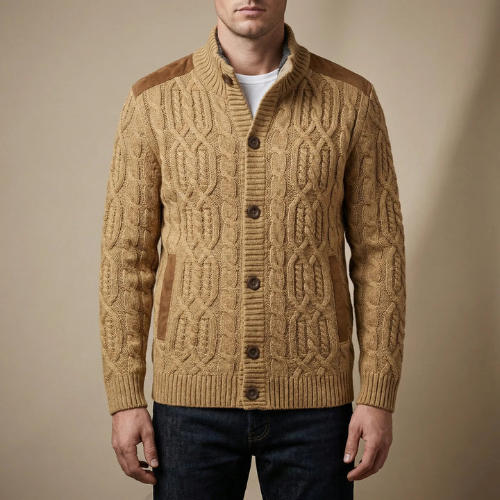Men's Cable Knit Cardigan Button-Front Stand Collar Suede Winter