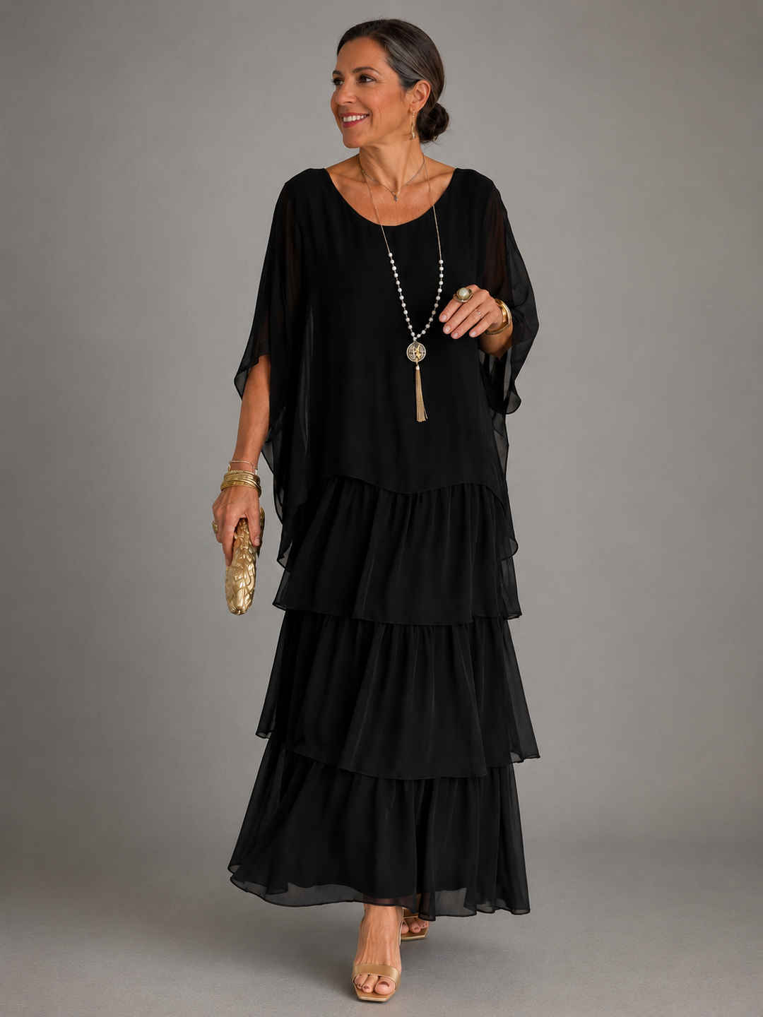 Women's Chiffon Maxi Dress Round Neck Tiered Layered Capelet Pockets Flowy