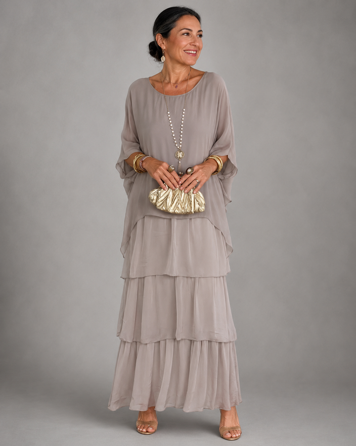 Women's Chiffon Maxi Dress Round Neck Tiered Layered Capelet Pockets Flowy