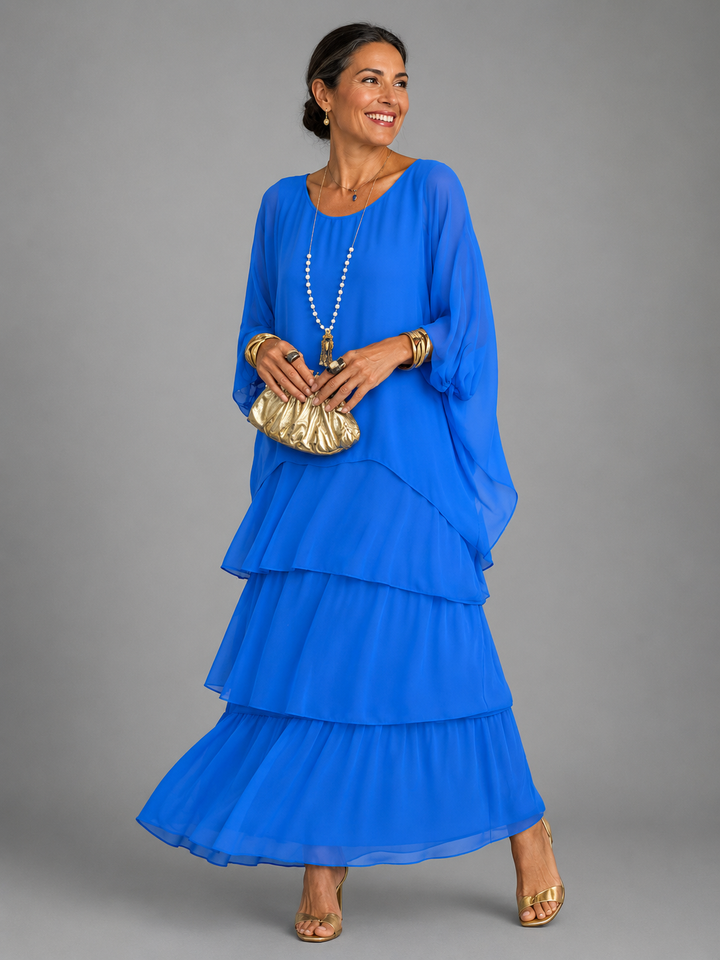 Women's Chiffon Maxi Dress Round Neck Tiered Layered Capelet Pockets Flowy