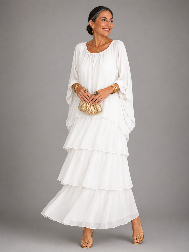 Women's Chiffon Maxi Dress Round Neck Tiered Layered Capelet Pockets Flowy