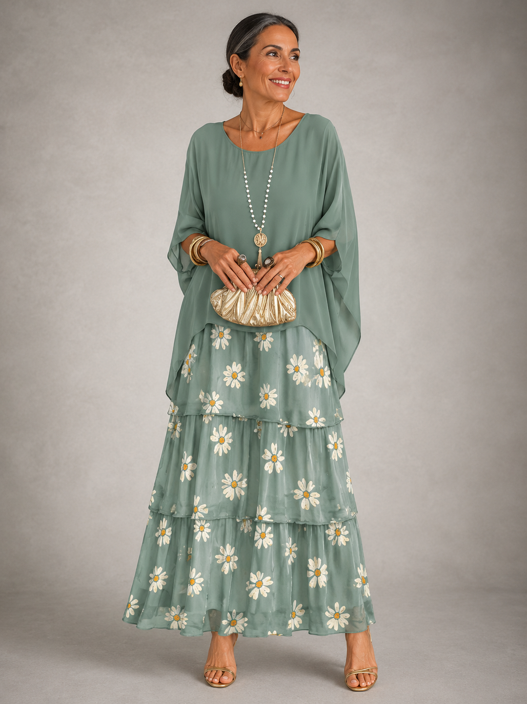 Women's Chiffon Maxi Dress Round Neck Tiered Layered Capelet Pockets Flowy