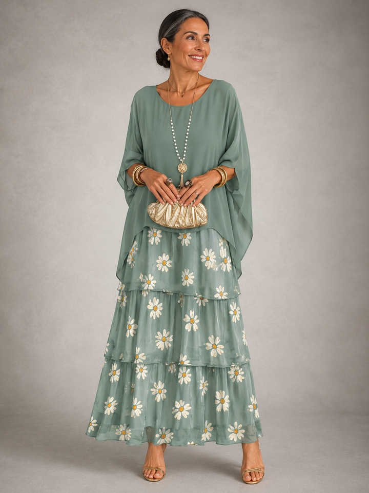 Women's Chiffon Maxi Dress Round Neck Tiered Layered Capelet Pockets Flowy