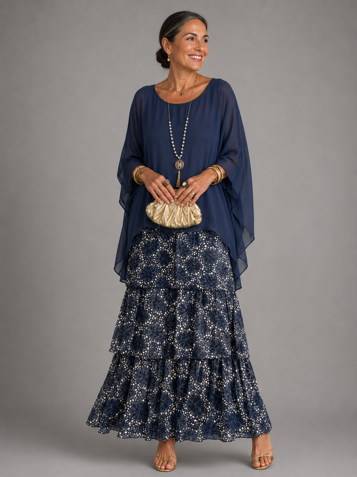 Women's Chiffon Maxi Dress Round Neck Tiered Layered Capelet Pockets Flowy