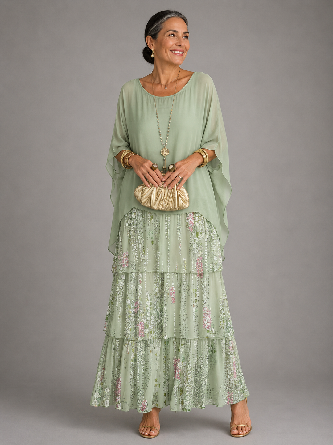 Women's Chiffon Maxi Dress Round Neck Tiered Layered Capelet Pockets Flowy