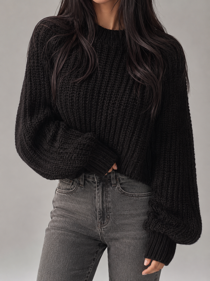 Women's Chunky Cable Knit Oversized Sweater Crewneck Balloon Sleeve Pullover