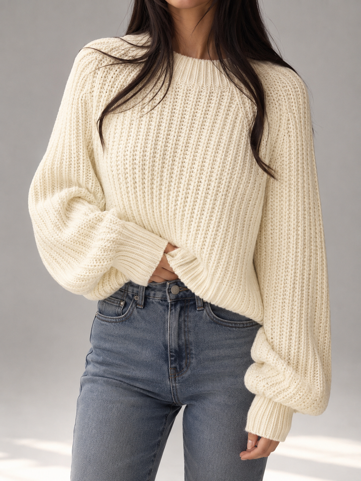 Women's Chunky Cable Knit Oversized Sweater Crewneck Balloon Sleeve Pullover
