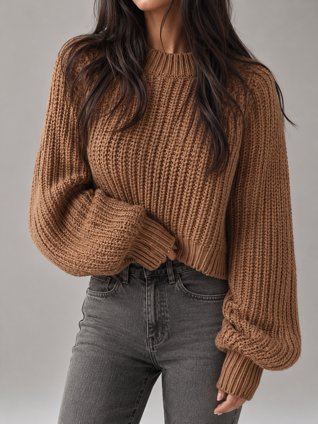 Women's Chunky Cable Knit Oversized Sweater Crewneck Balloon Sleeve Pullover