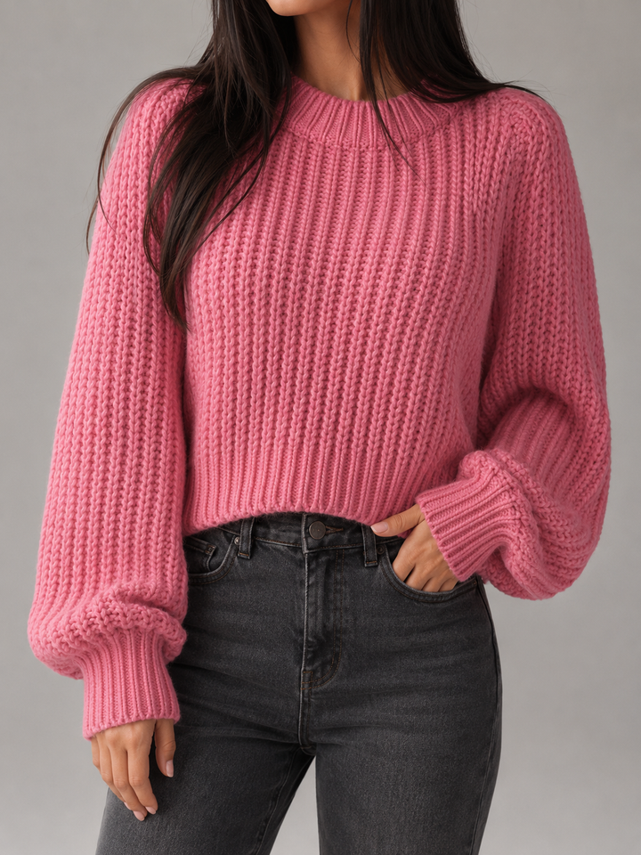Women's Chunky Cable Knit Oversized Sweater Crewneck Balloon Sleeve Pullover