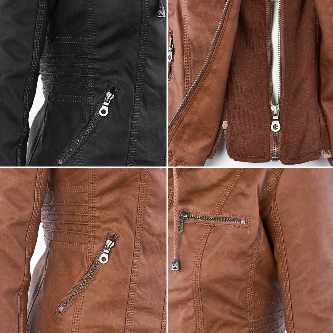 Women's Faux Leather Moto Jacket Band Collar Zip-Up Fitted Ribbed