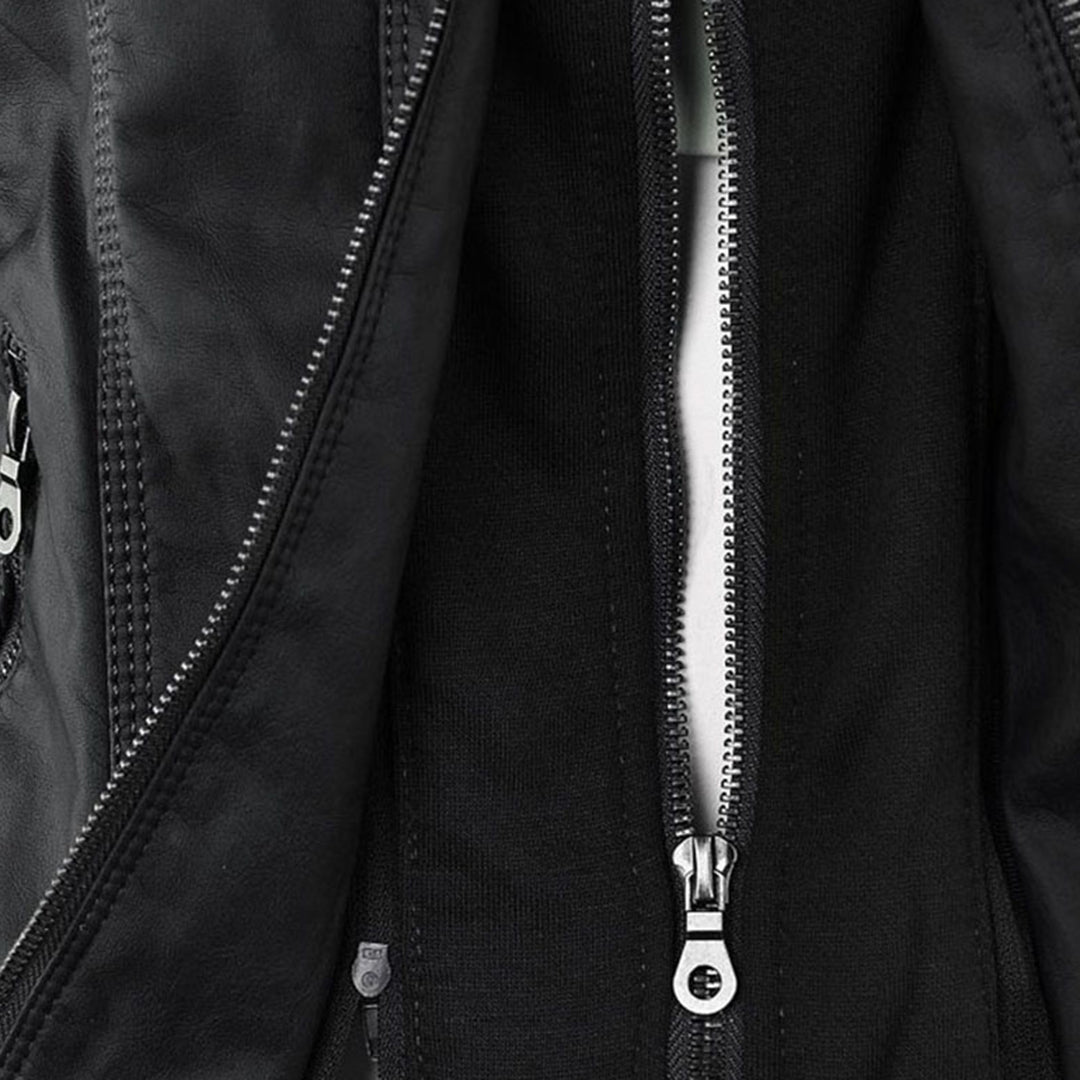 Women's Faux Leather Moto Jacket Band Collar Zip-Up Fitted Ribbed