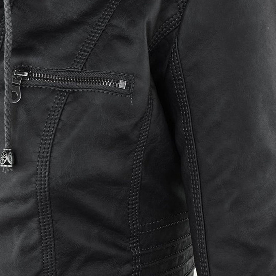 Women's Faux Leather Moto Jacket Band Collar Zip-Up Fitted Ribbed