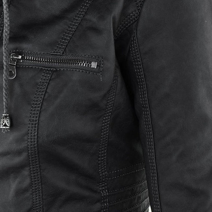 Women's Faux Leather Moto Jacket Band Collar Zip-Up Fitted Ribbed