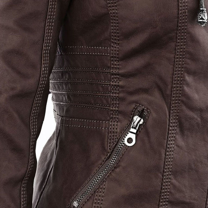 Women's Faux Leather Moto Jacket Band Collar Zip-Up Fitted Ribbed