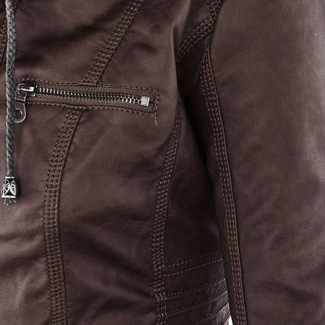 Women's Faux Leather Moto Jacket Band Collar Zip-Up Fitted Ribbed