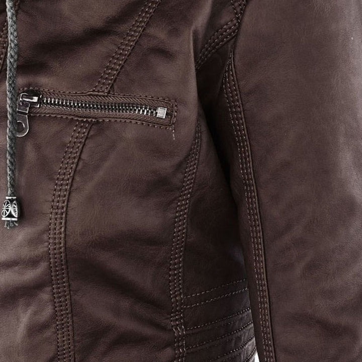 Women's Faux Leather Moto Jacket Band Collar Zip-Up Fitted Ribbed