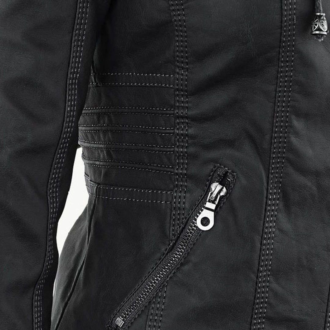 Women's Faux Leather Moto Jacket Band Collar Zip-Up Fitted Ribbed