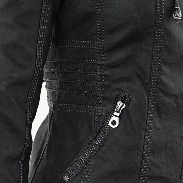 Women's Faux Leather Moto Jacket Band Collar Zip-Up Fitted Ribbed