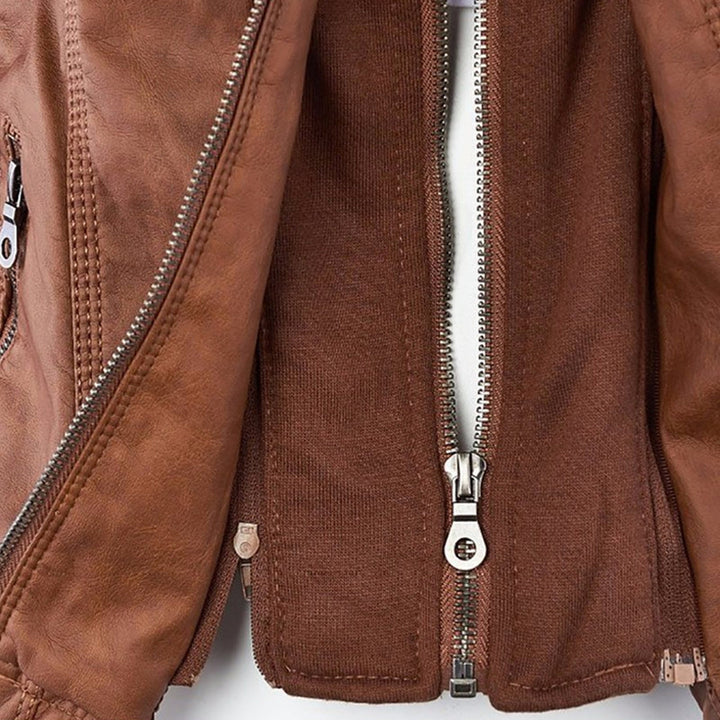 Women's Faux Leather Moto Jacket Band Collar Zip-Up Fitted Ribbed