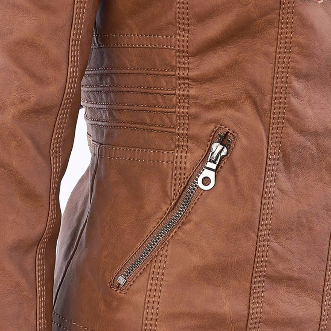 Women's Faux Leather Moto Jacket Band Collar Zip-Up Fitted Ribbed