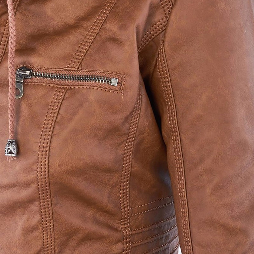 Women's Faux Leather Moto Jacket Band Collar Zip-Up Fitted Ribbed