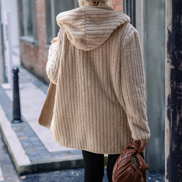 Women's Beige Fleece Hooded Cardigan Open-Front Longline Ribbed Relaxed