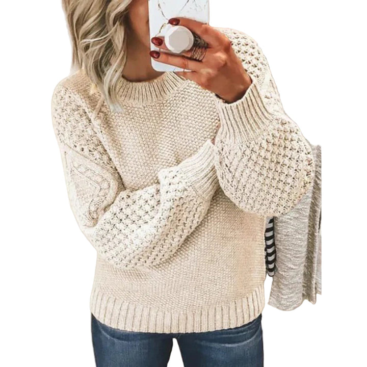 Women's Textured Knit Sweater Mock Neck Waffle Sleeve Drop-Shoulder Relaxed